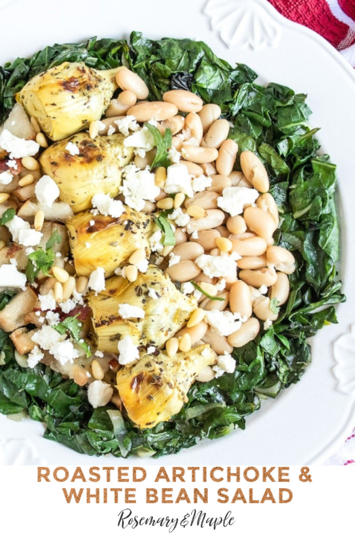 Roasted artichokes nestled in a bed of wilted chard and paired with delicious and nutritious ingredients like white beans, pear and feta cheese. This Roasted Artichoke & White Bean Salad works well as a vegetarian main dish or as a side dish.