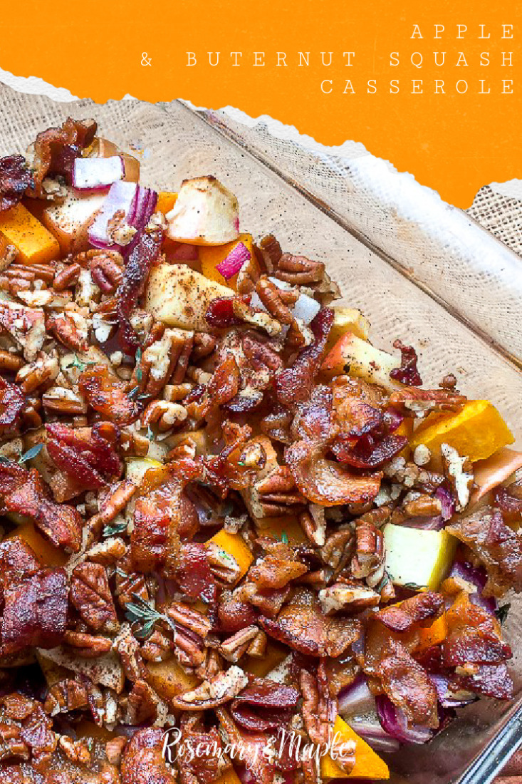This Apple Butternut Squash Casserole with Bacon-Pecan Topping is sweet and savoury with soft and crunchy textures that make for a satisfying holiday side dish.