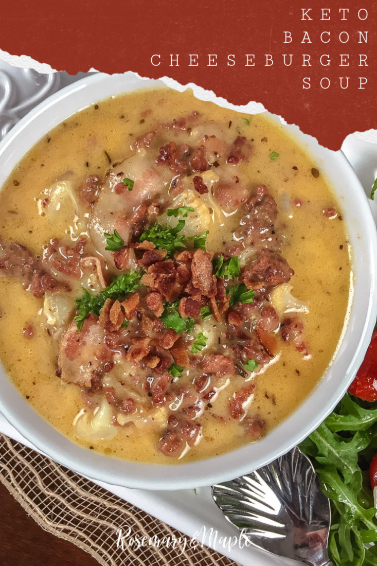 This One Pot Keto Bacon Cheeseburger soup is filled with ground beef, cheese, cauliflower, and bacon for a filling and tasty meal.