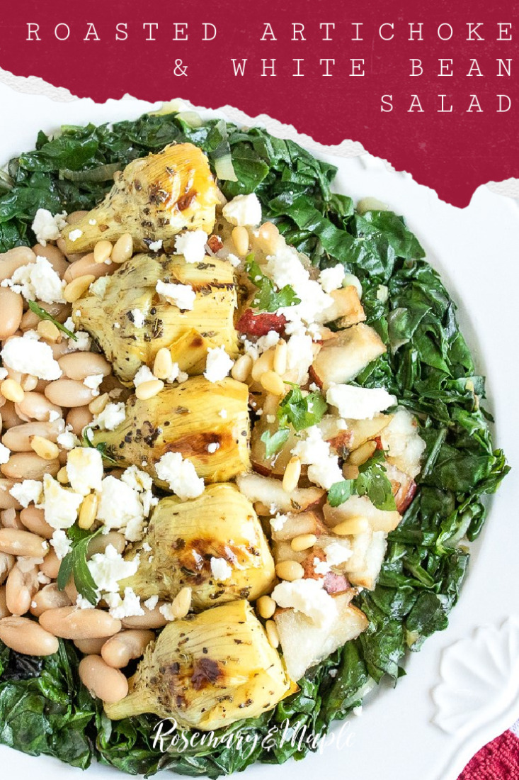 Roasted artichokes nestled in a bed of wilted chard and paired with delicious and nutritious ingredients like white beans, pear and feta cheese. This Roasted Artichoke & White Bean Salad works well as a vegetarian main dish or as a side dish.