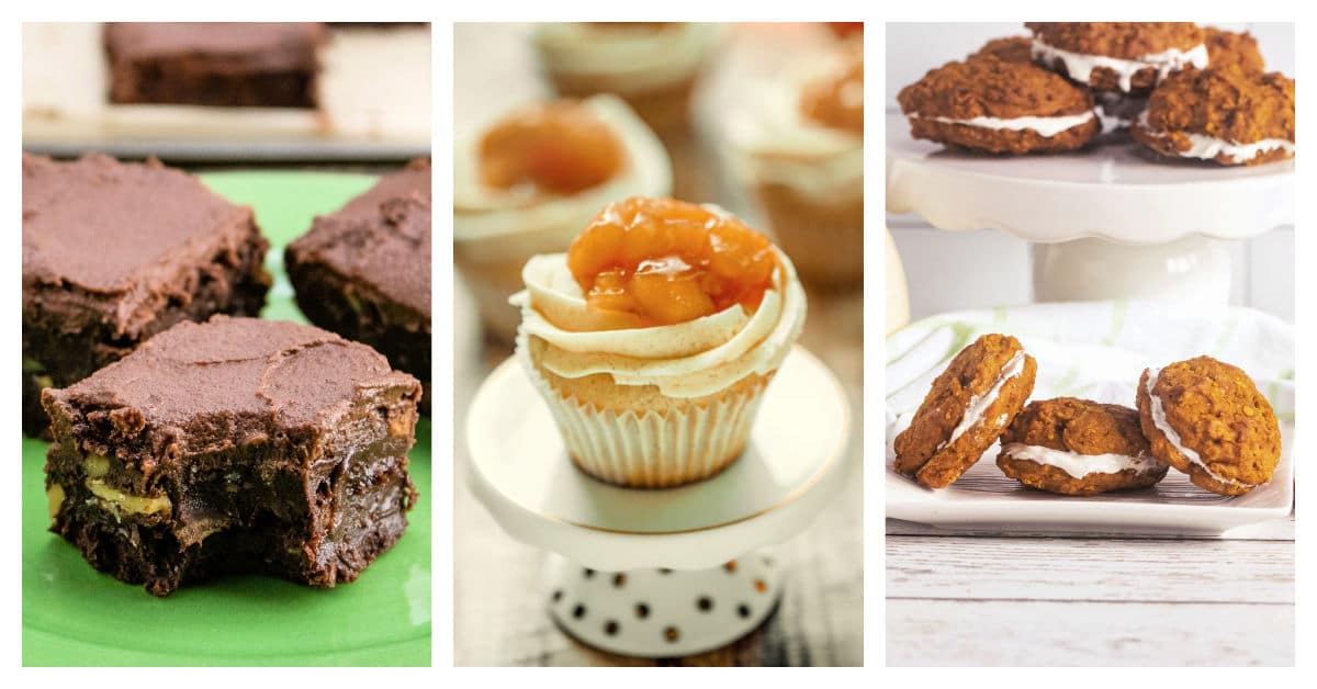Featured fall desserts including classic chocolate walnut brownies, apple pie cupcakes, and pumpkin oatmeal whoopie pies.