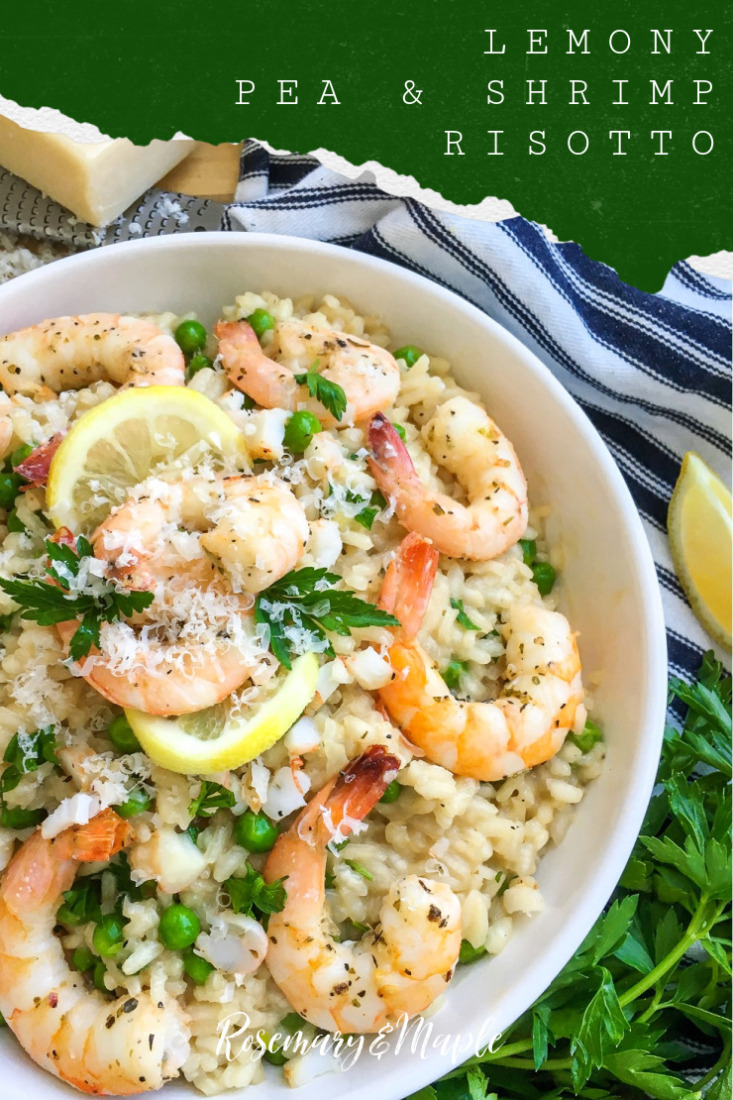 Lemon zest and peas are folded into a creamy risotto and topped off with roasted shrimp in this sumptuous Lemony Pea & Shrimp Risotto.