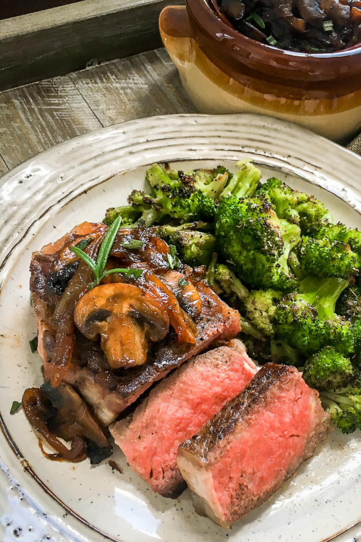 Enjoy a restaurant quality family meal you can easily make at home with this Sous Vide Strip Steak with Carmelized Onions & Mushrooms.