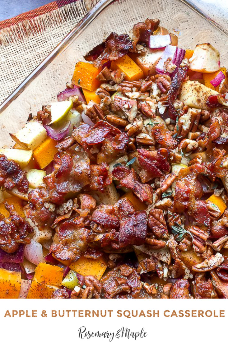 This Apple Butternut Squash Casserole with Bacon-Pecan Topping is sweet and savoury with soft and crunchy textures that make for a satisfying holiday side dish.