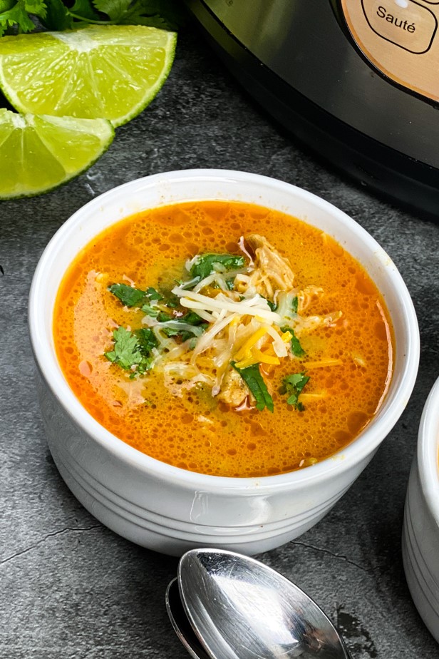 This low carb chicken enchilada soup is a comforting dinner recipe that can be made in the Instant Pot, slow cooker or on the stove top.