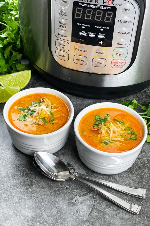 This low carb chicken enchilada soup is a comforting dinner recipe that can be made in the Instant Pot, slow cooker or on the stove top.