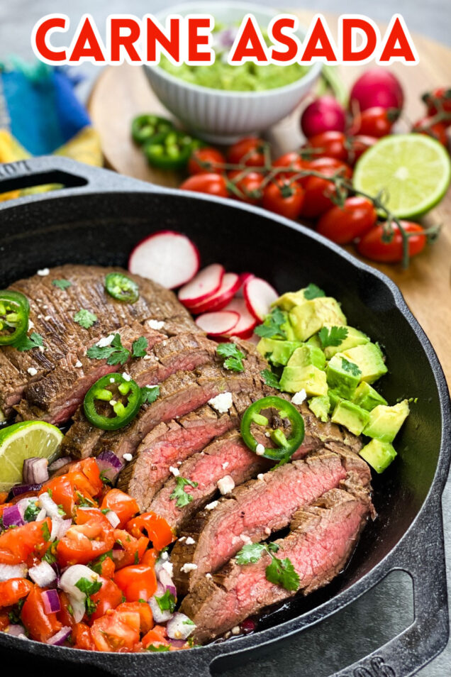 This Skillet Carne Asada features a steak marinated in a perfect combination of citrus, chili and cilantro for the most flavourful tacos.