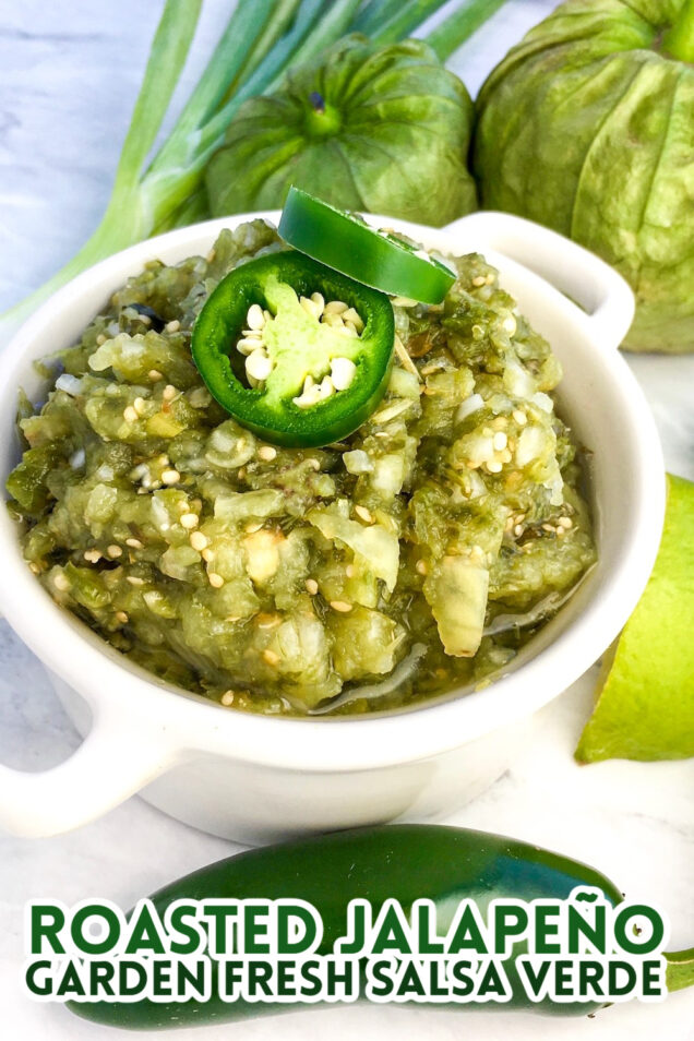 Garden fresh, this Easy Roasted Jalapeño Salsa Verde Recipe is a delicious summer appetizer that you can can for later or enjoy immediately!