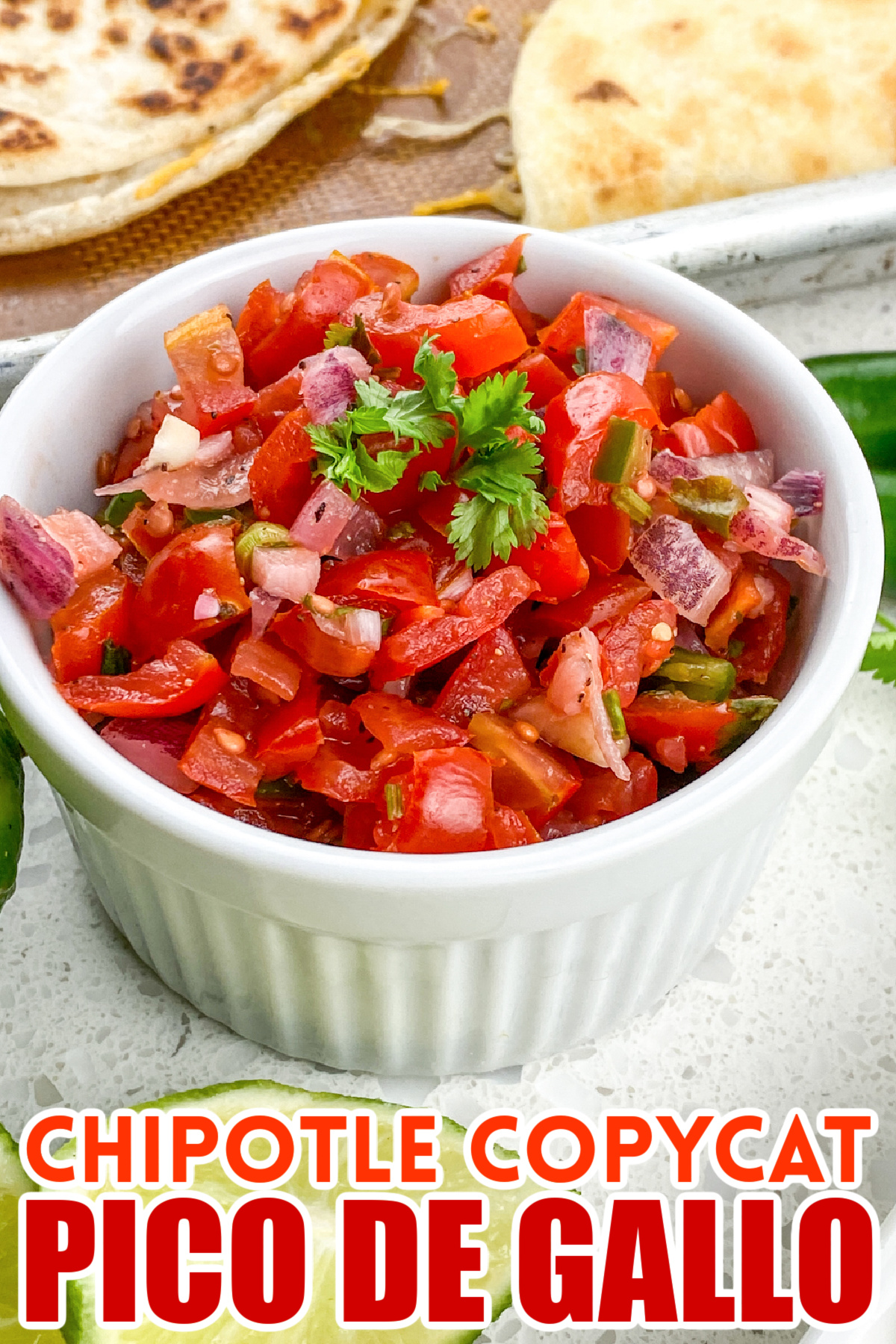 This quick and easy copycat Chipotle Pico de Gallo Recipe is made with fresh tomatoes, red onions, cilantro, serrano peppers and lime juice.