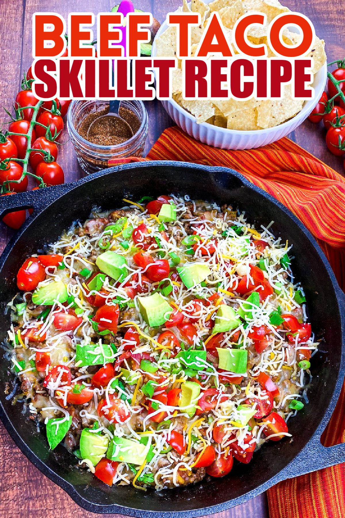 This recipe for an easy beef taco skillet makes a hearty family meal or serve with tortilla chips instead for an addictive appetizer!