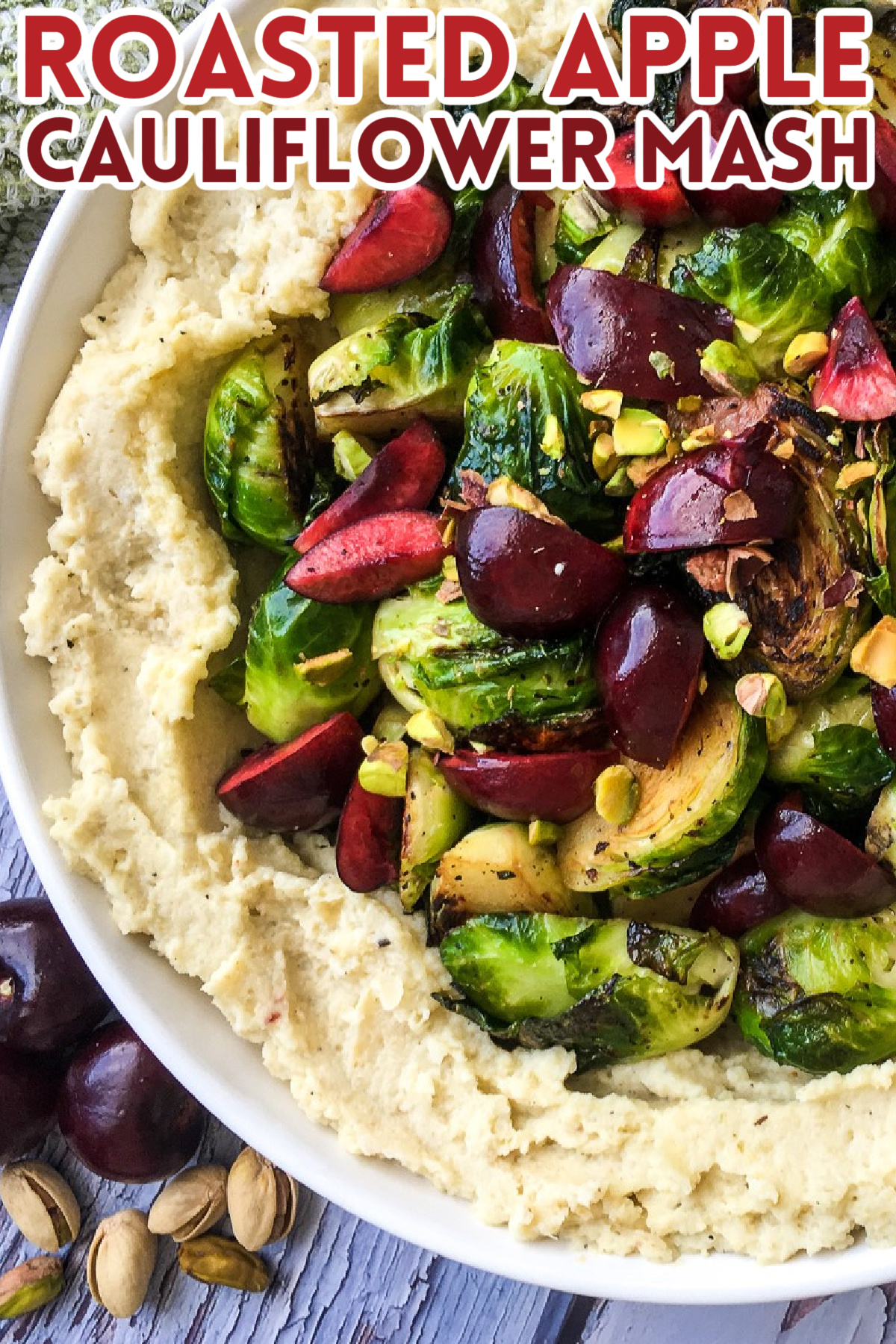 This roasted apple cauliflower mash recipe, with crispy brussels sprouts is a healthy side dish that's rich in flavour.