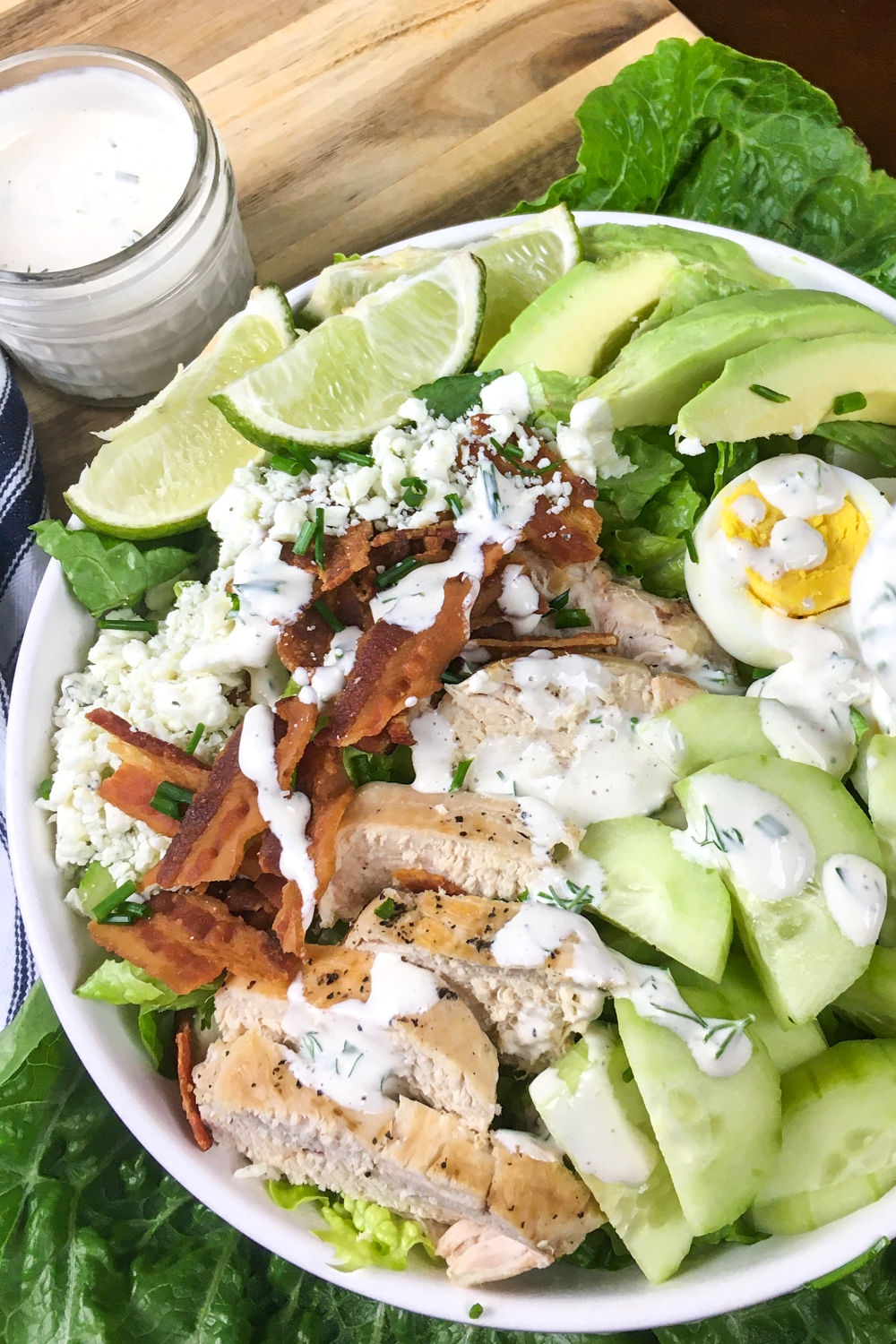 A tasty keto cobb salad with homemade ranch dressing. It's loaded with protein, fat and good-for-you veggies! Plus it's easy to make at home.