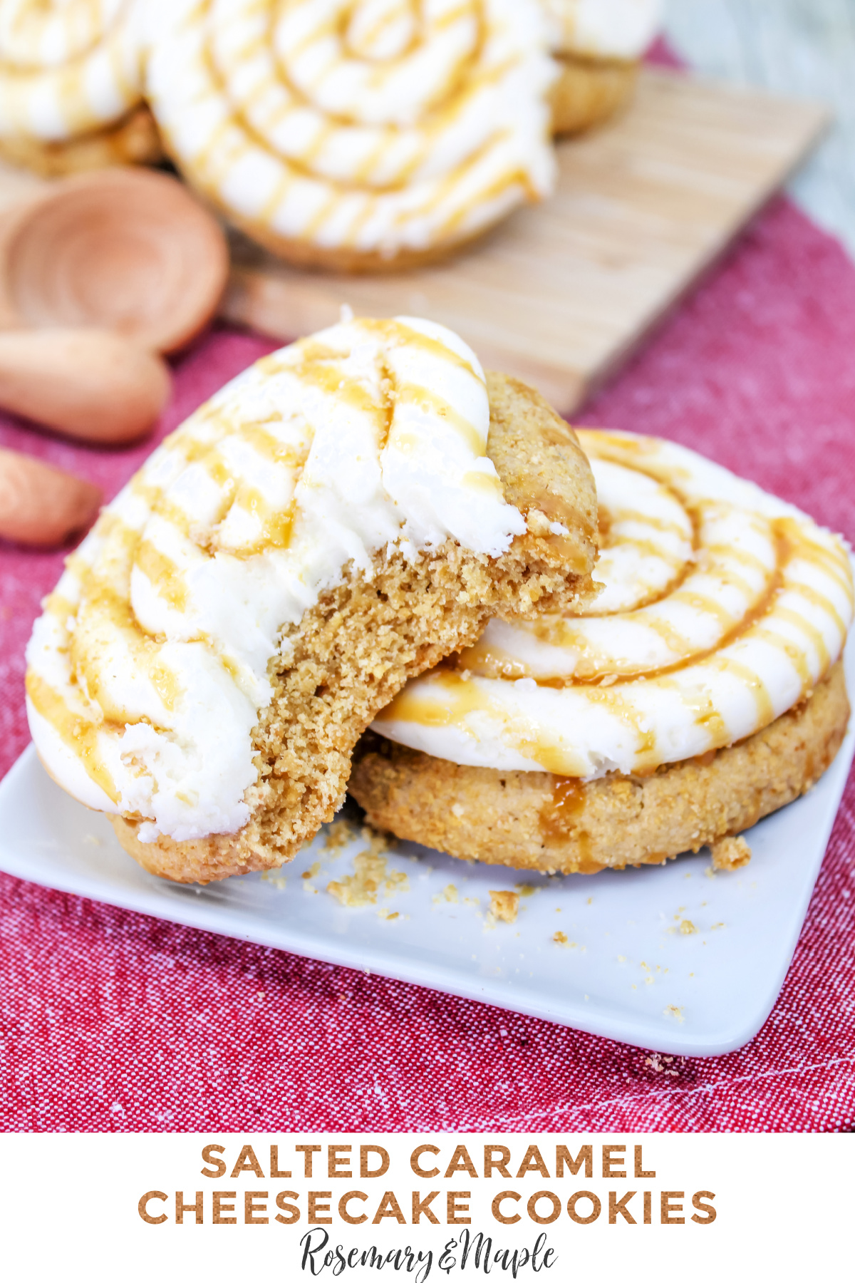 These Crumbl Salted Caramel Cheesecake Cookies feature a buttery cookie frosted with creamy cheesecake frosting drizzled with salted caramel.
