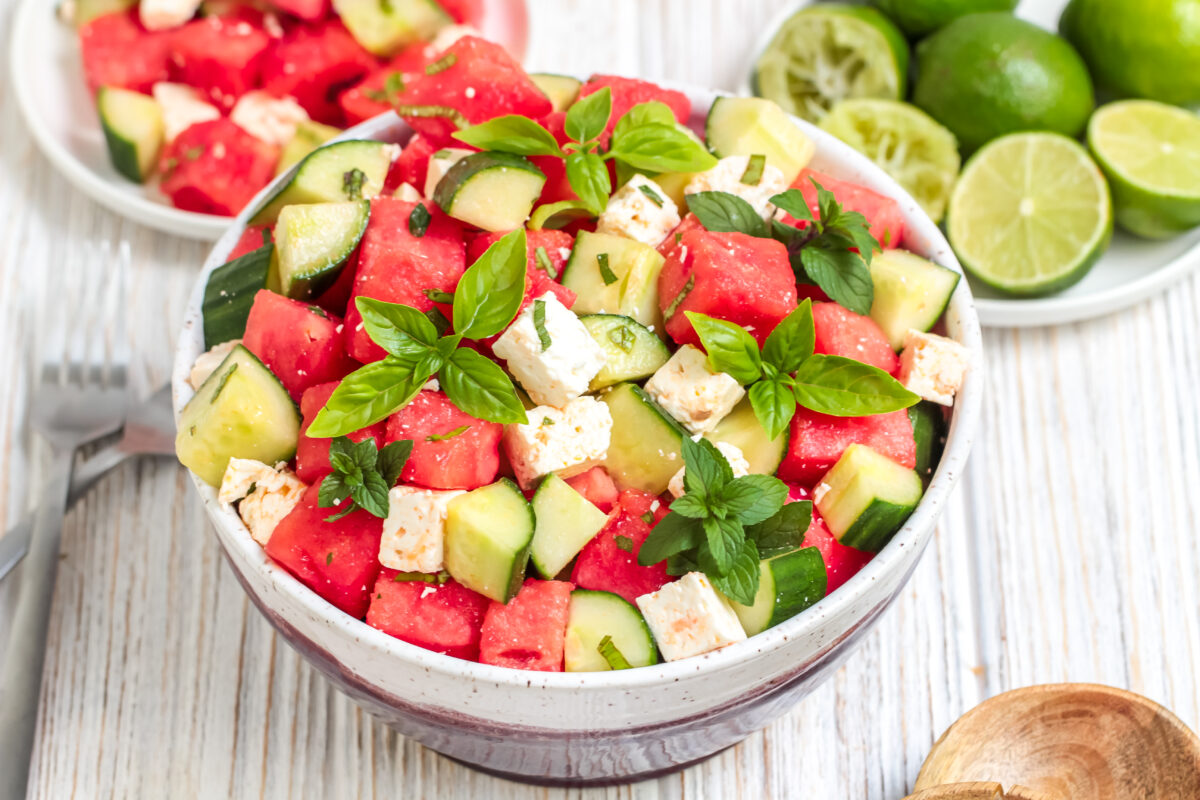 This watermelon cucumber salad with feta is the perfect refreshing side dish for summer potlucks, BBQs, and picnics!