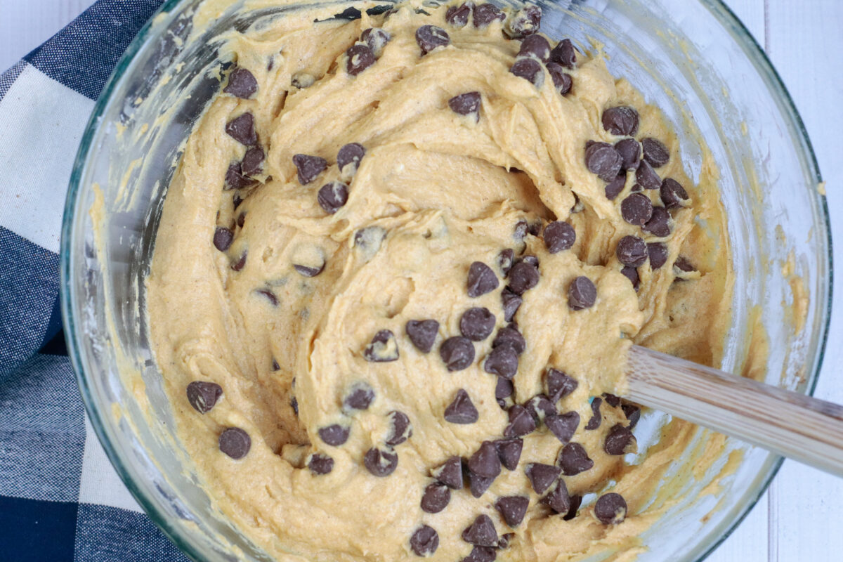 Folding chocolate chips into the batter.
