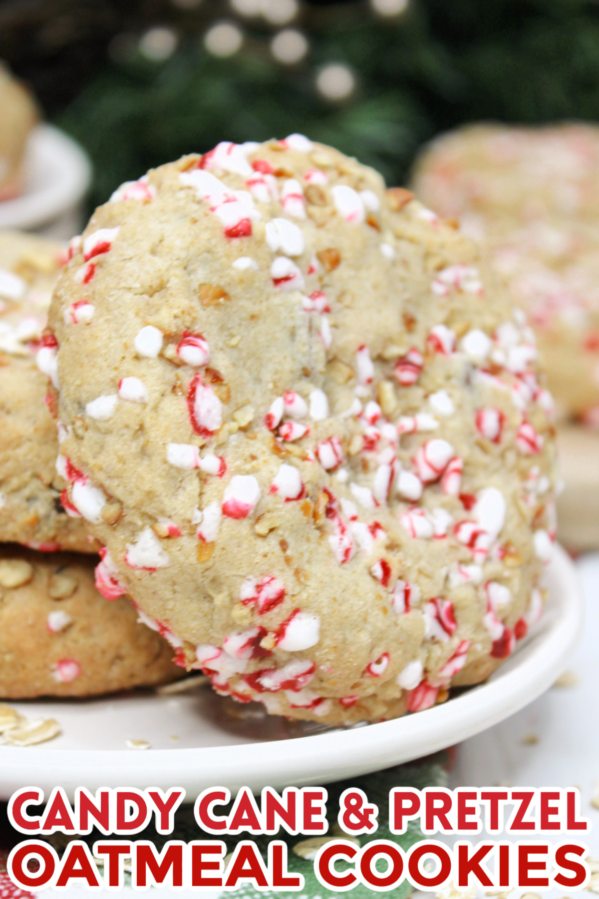 These Candy Cane & Pretzel Oatmeal Cookies are a perfect addition to your holiday cookie platter. They're easy, festive and so pretty too.