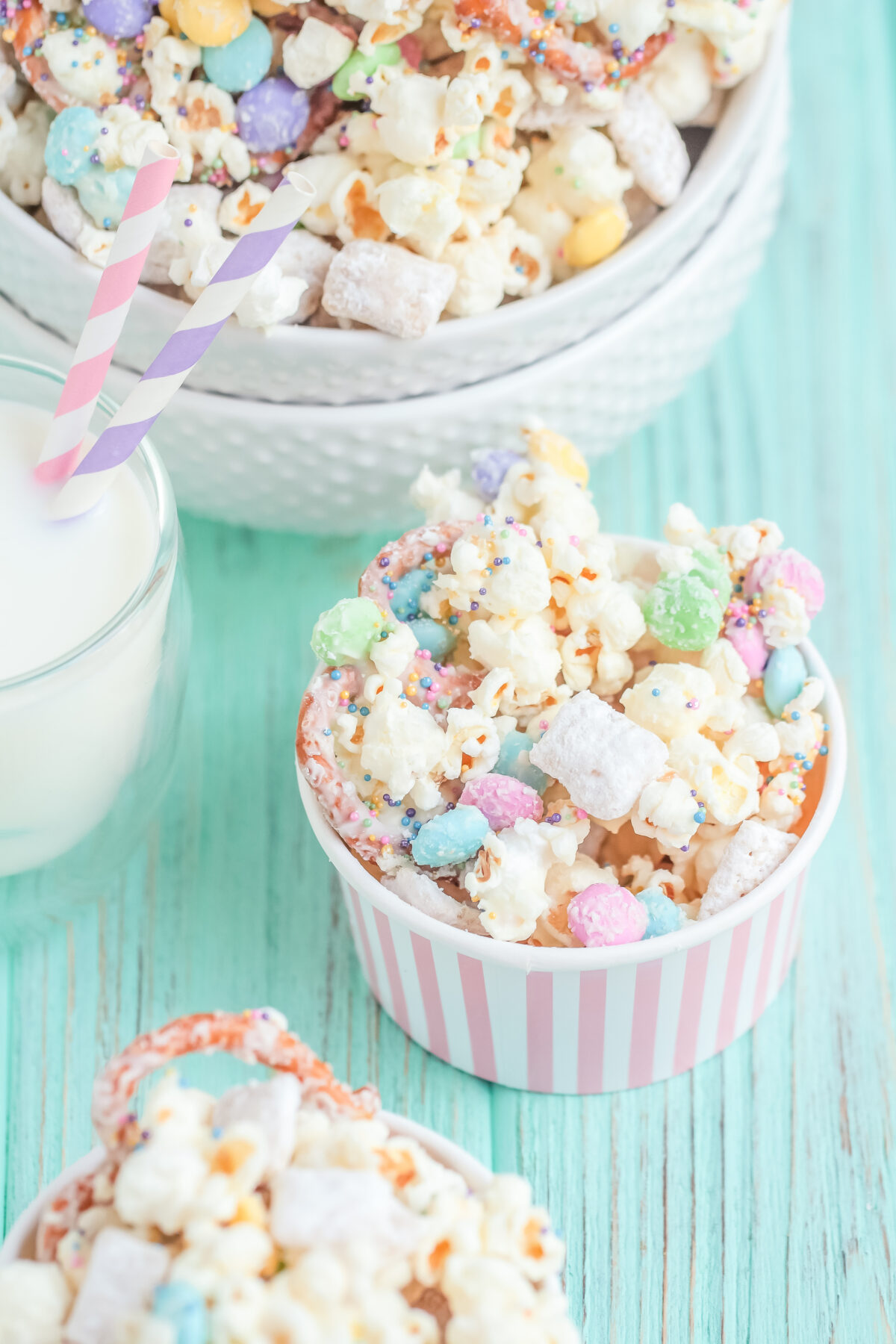 Make this Bunny Bait recipe this Easter, everyone will love this Easter snack mix featuring popcorn, muddy buddies, and loads of chocolate!