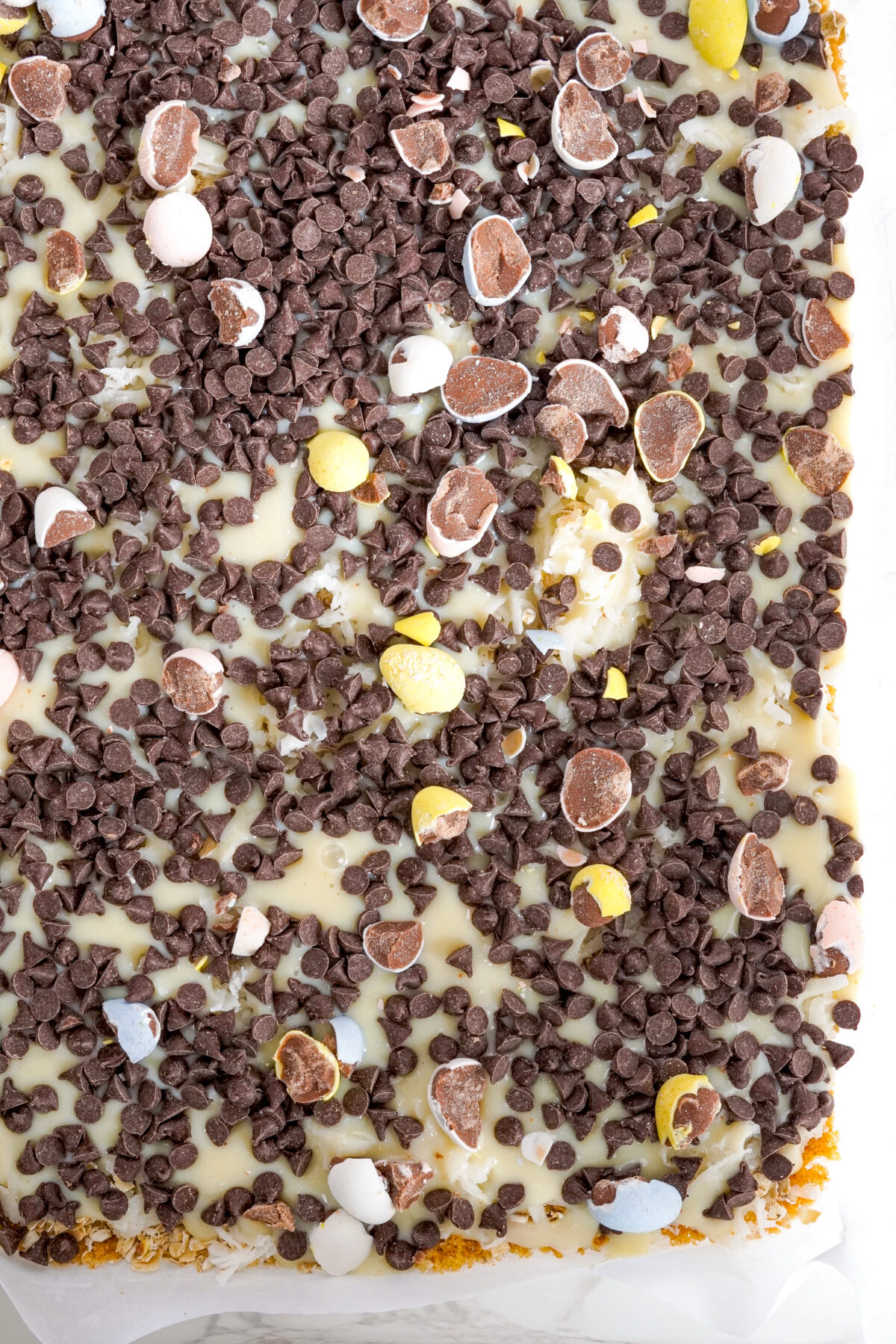 Everything sprinkled over with chocoalte chips and crushed chocolate eggs.
