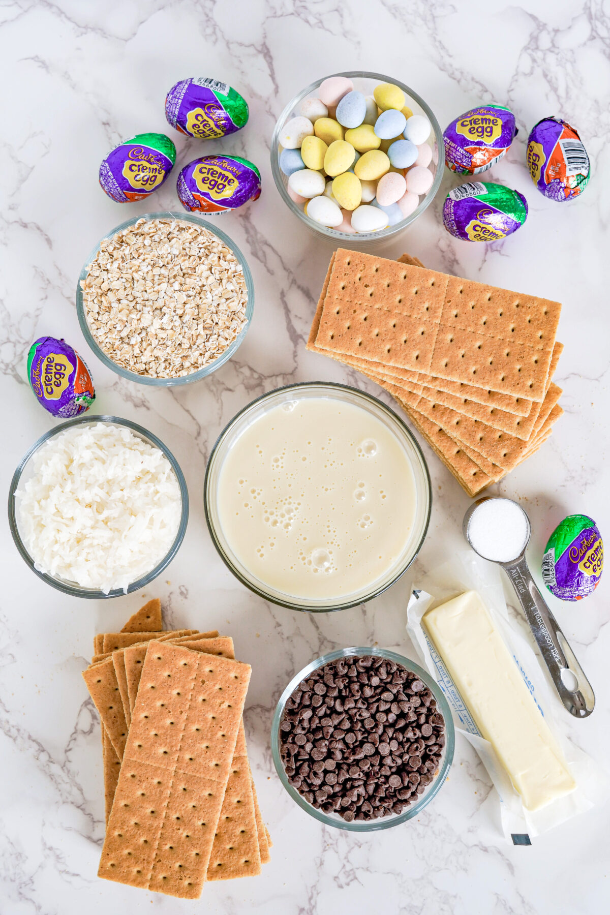 Ingredients for Easter magic cookie bars.