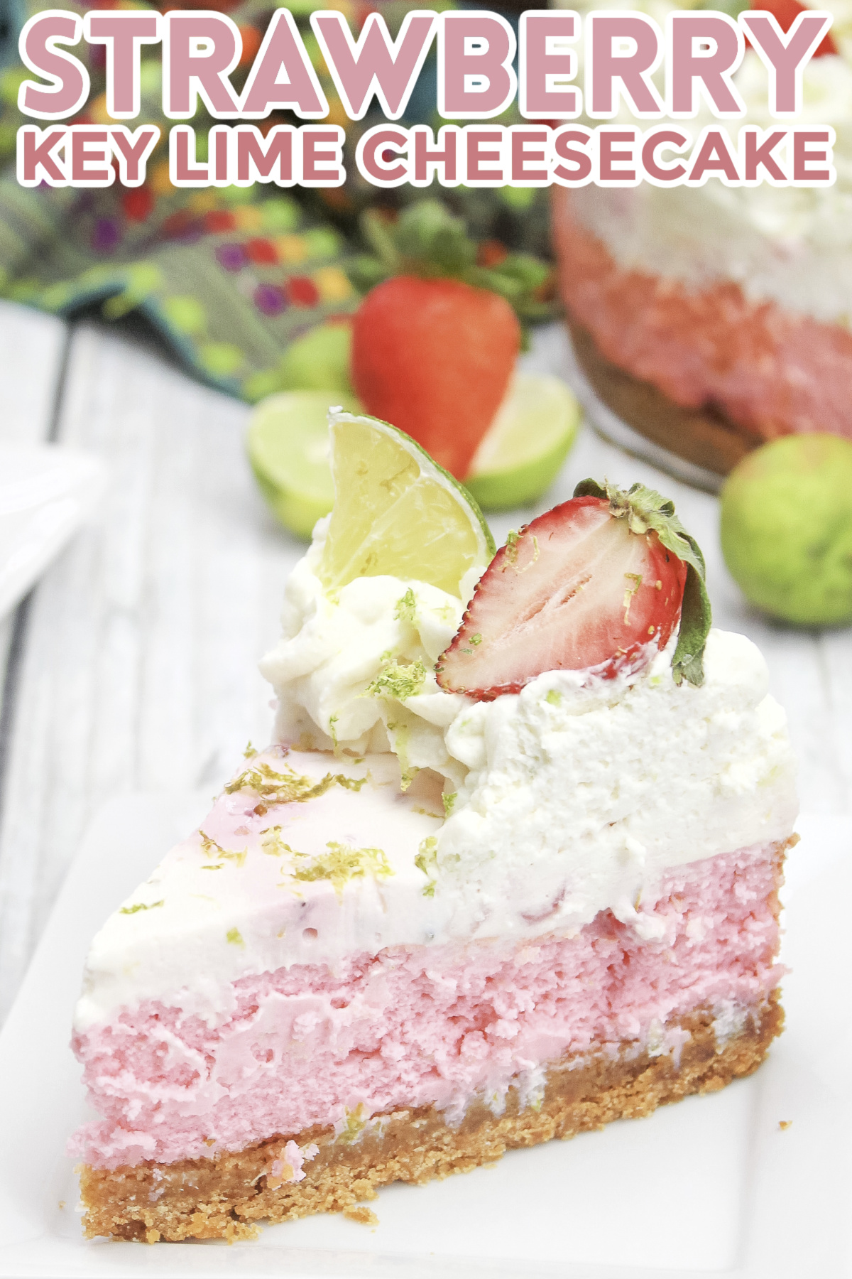 Whip up this delicious strawberry key lime cheesecake recipe complete with graham cracker crust, creamy filling, and sour cream topping.