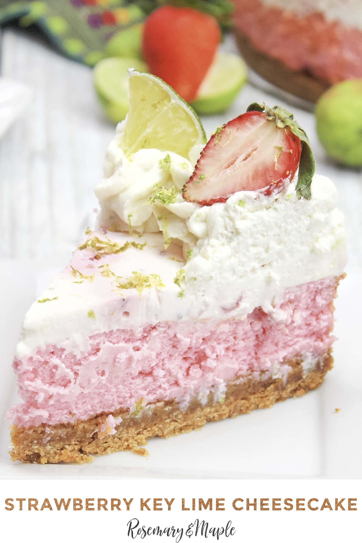 Whip up this delicious strawberry key lime cheesecake recipe complete with graham cracker crust, creamy filling, and sour cream topping.