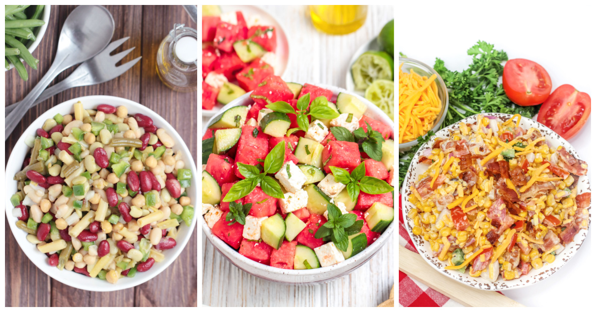 Featured salad recipes including 5 bean salad, watermelon cucumber salad, and crack corn salad.