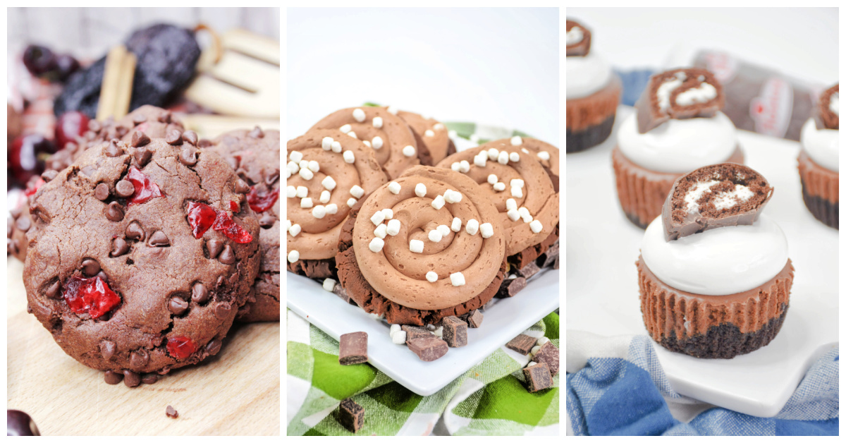 Featured chocolate dessert recipes including spiced chocolate cherry cookies, frozen hot chocolate cookies, and mini hoho cheesecakes.