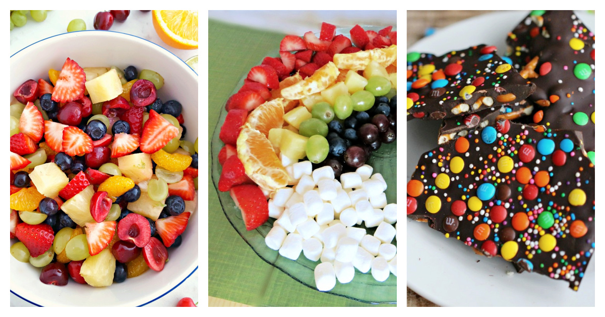 Featured rainbow recipes including rainbow fruit salad, rainbow fruit platter, and rainbow chocolate bark.