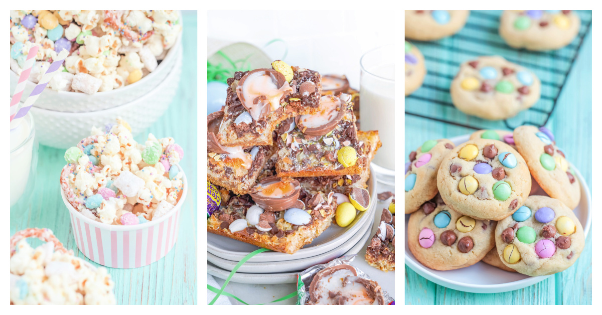 Featured Easter desserts including bunny bait, Easter magic cookie bars, and Easter chocolate chip cookies.