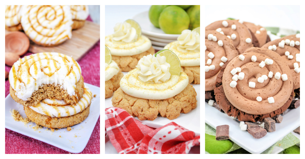 Featured crumbl copycat cookie recipies including salted caramel cheesecake cookies, key lime pie cookies, and hot chocolate cookies.