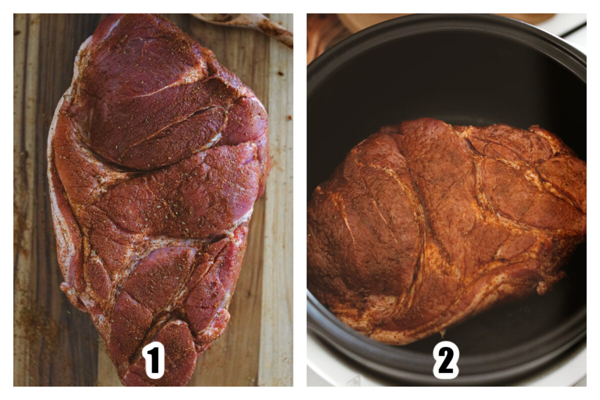 Image 1 showing dry rub covering the pork. Image 2 showing the pork in a slow cooker pot covered in sauce.