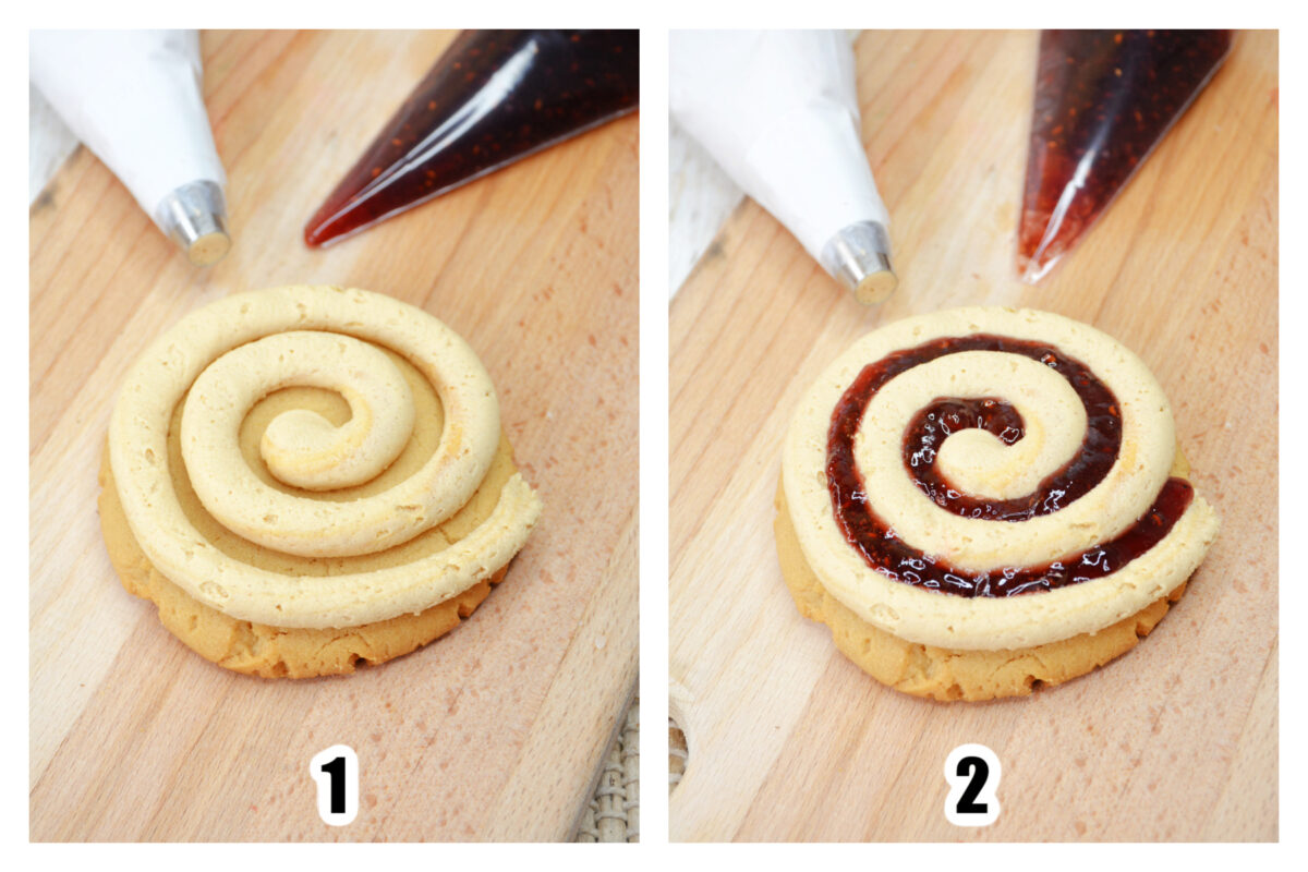 Image 1 showing peanut butter frosting piped into a spiral over the cookie. Image 2 showing the strawberry preserves piped in between the peanut butter frosting.