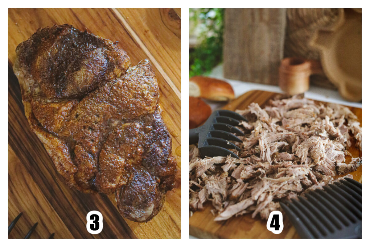 Image 3 showing cooked pork shoulder. Image 4 showing slow cooked pork shredded on a cutting board.